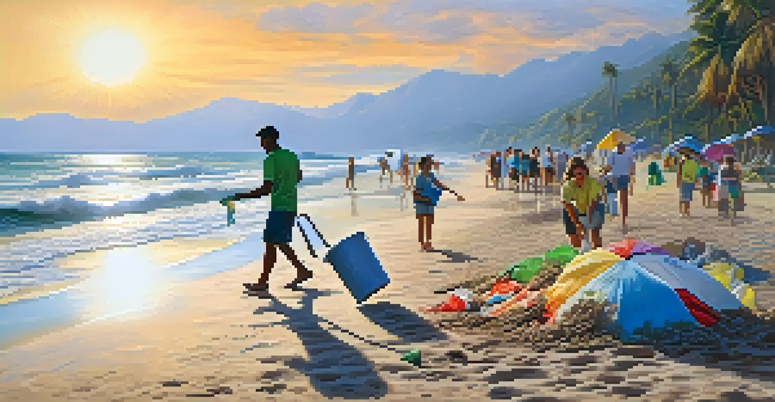 A volunteer cleaning a beach with a beautiful ocean view and sunset in the background.