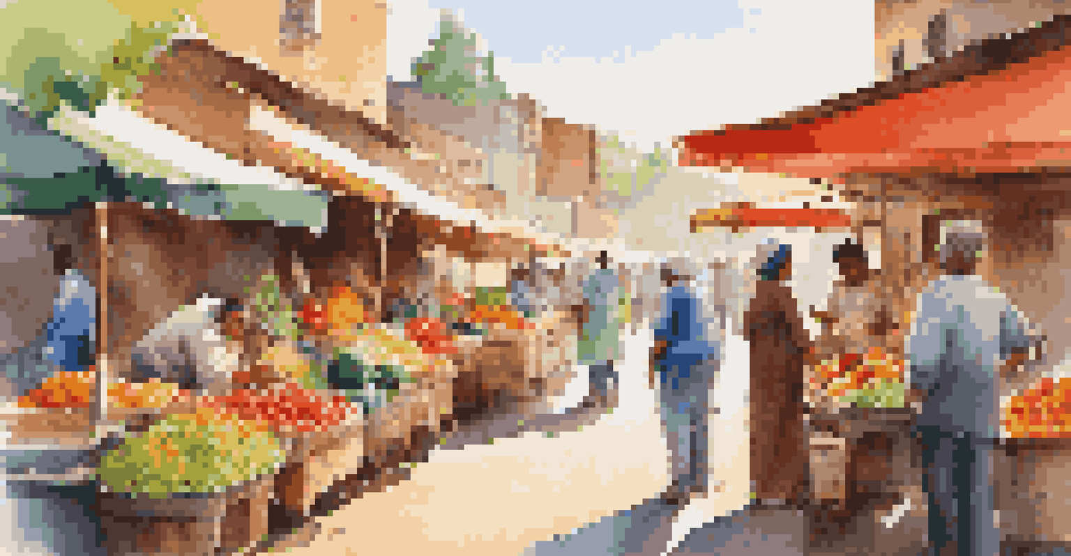 A traveler interacts with a local vendor in a colorful market, surrounded by fresh produce and handmade goods.