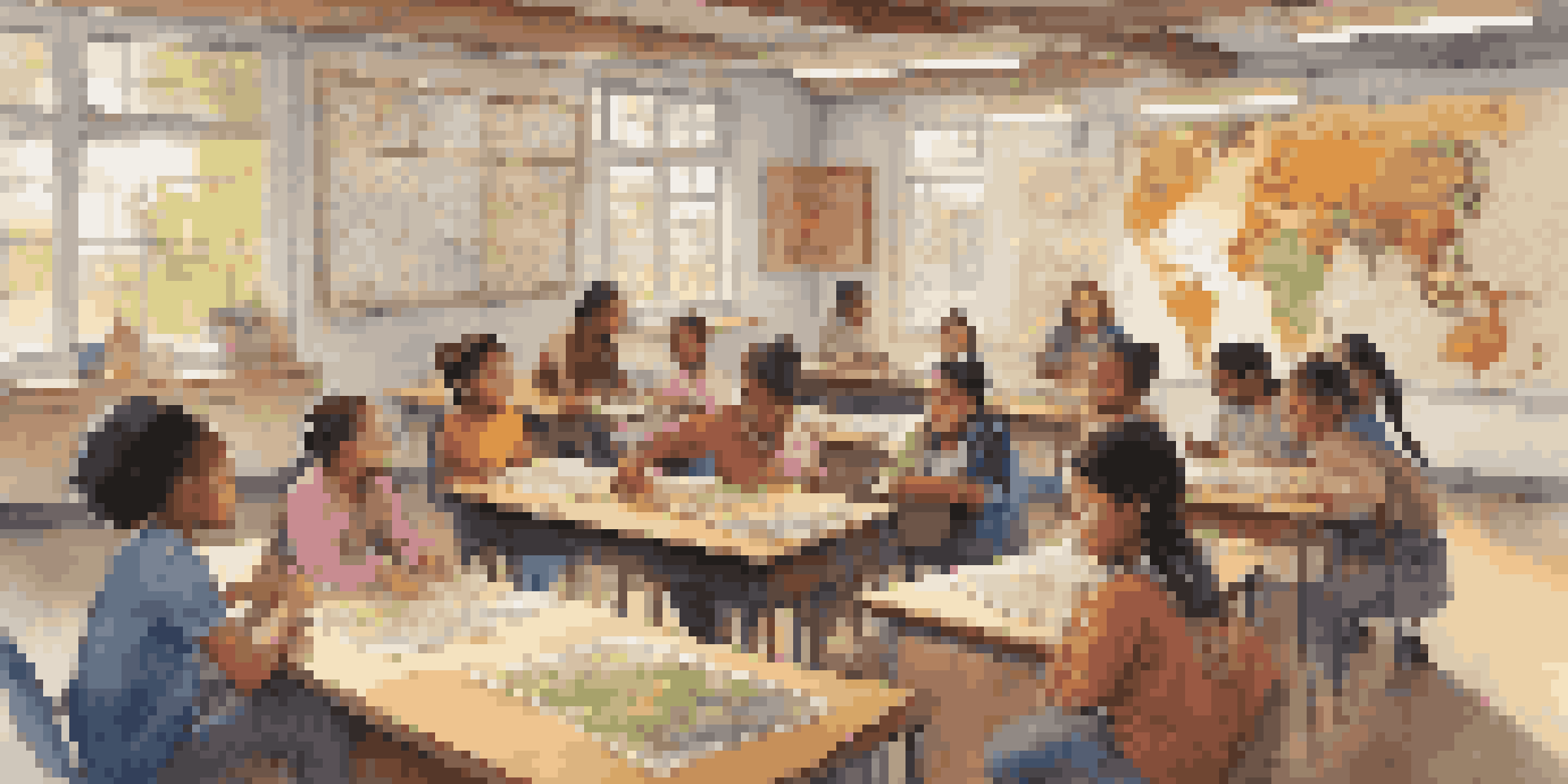 A diverse group of students in a classroom sharing stories, with maps and cultural artifacts on the walls.
