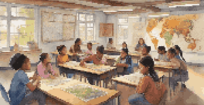 A diverse group of students in a classroom sharing stories, with maps and cultural artifacts on the walls.