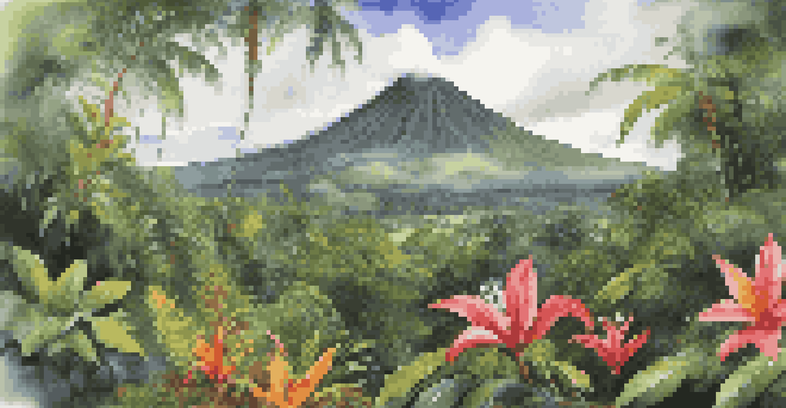 Scenic landscape of Arenal Volcano in Costa Rica, surrounded by tropical rainforest and colorful flowers in the foreground.