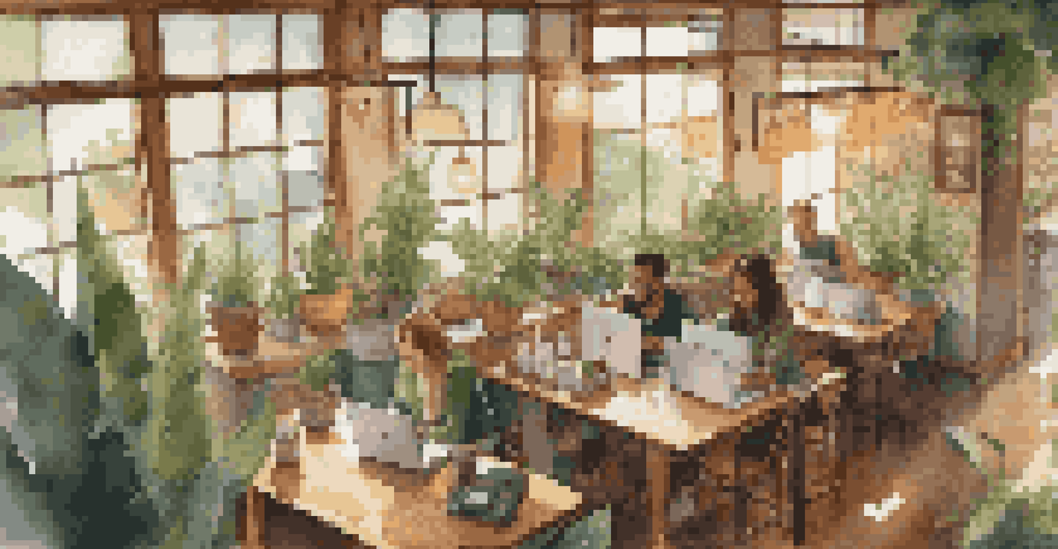 A cozy coffee shop with digital nomads working on laptops, featuring wooden tables and sunlight streaming in.