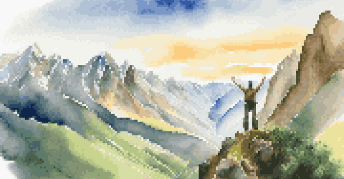 A hiker with arms raised stands at the edge of a cliff overlooking the Andes mountains at sunrise.