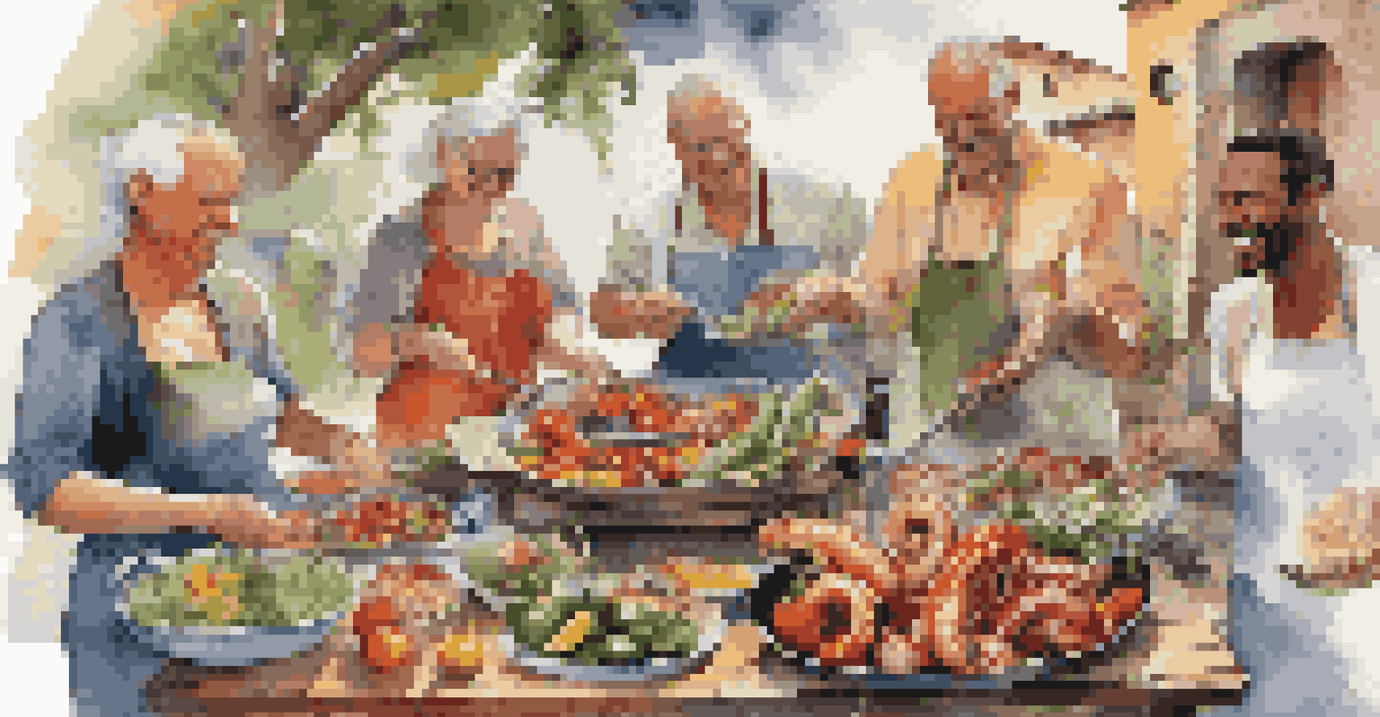 A Mediterranean grilling scene with fresh vegetables and seafood on a grill, surrounded by friends and a rustic table.