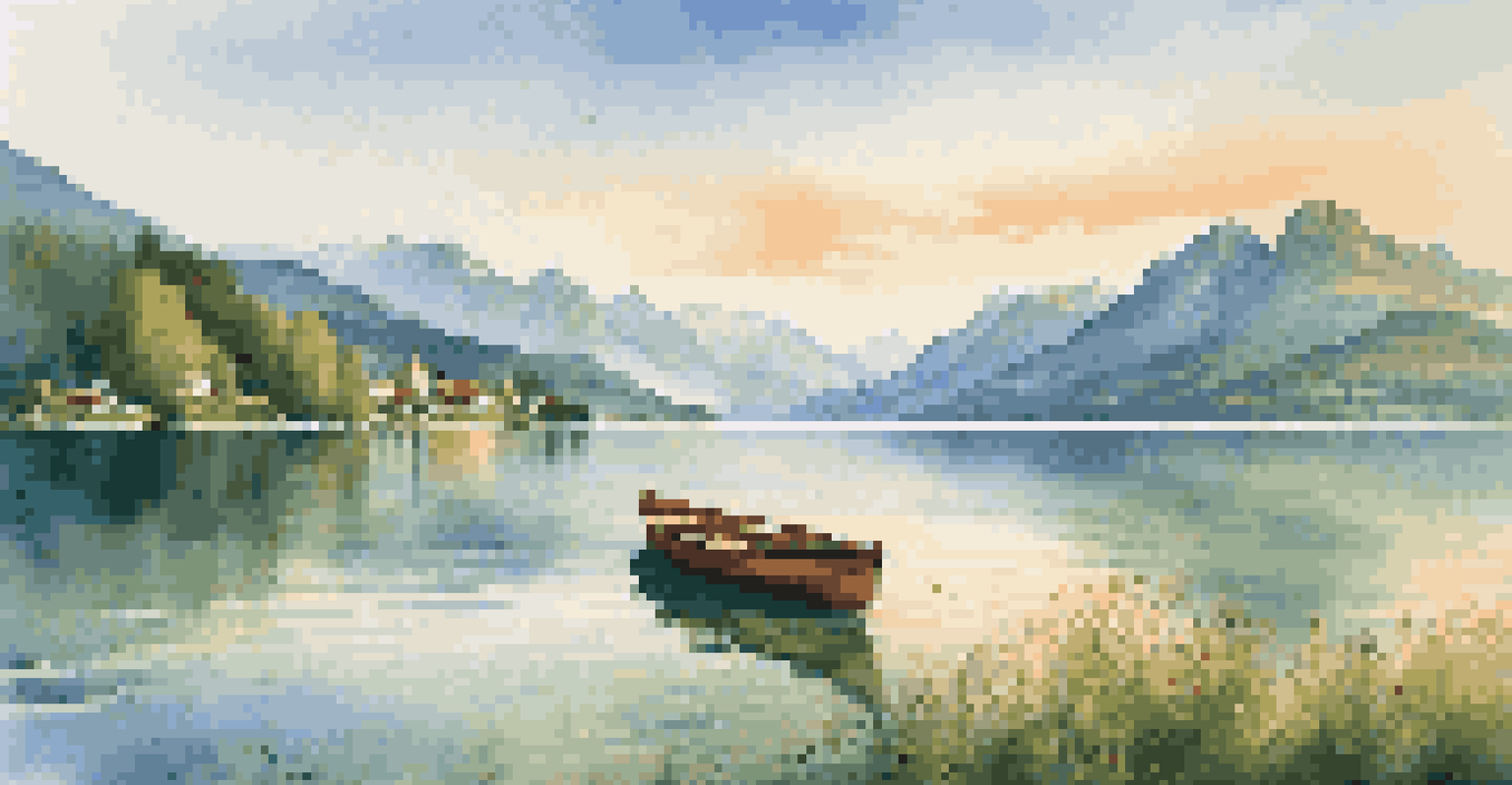A beautiful landscape of Lake Wolfgang with mountains in the background, featuring a wooden boat on clear waters and traditional villages along the shore during sunset.