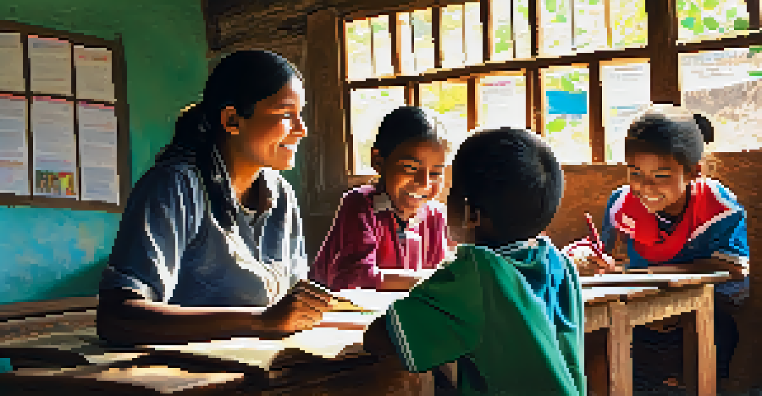 A volunteer teaching English to children in a rustic classroom, with colorful educational posters on the walls and sunlight streaming through the window.