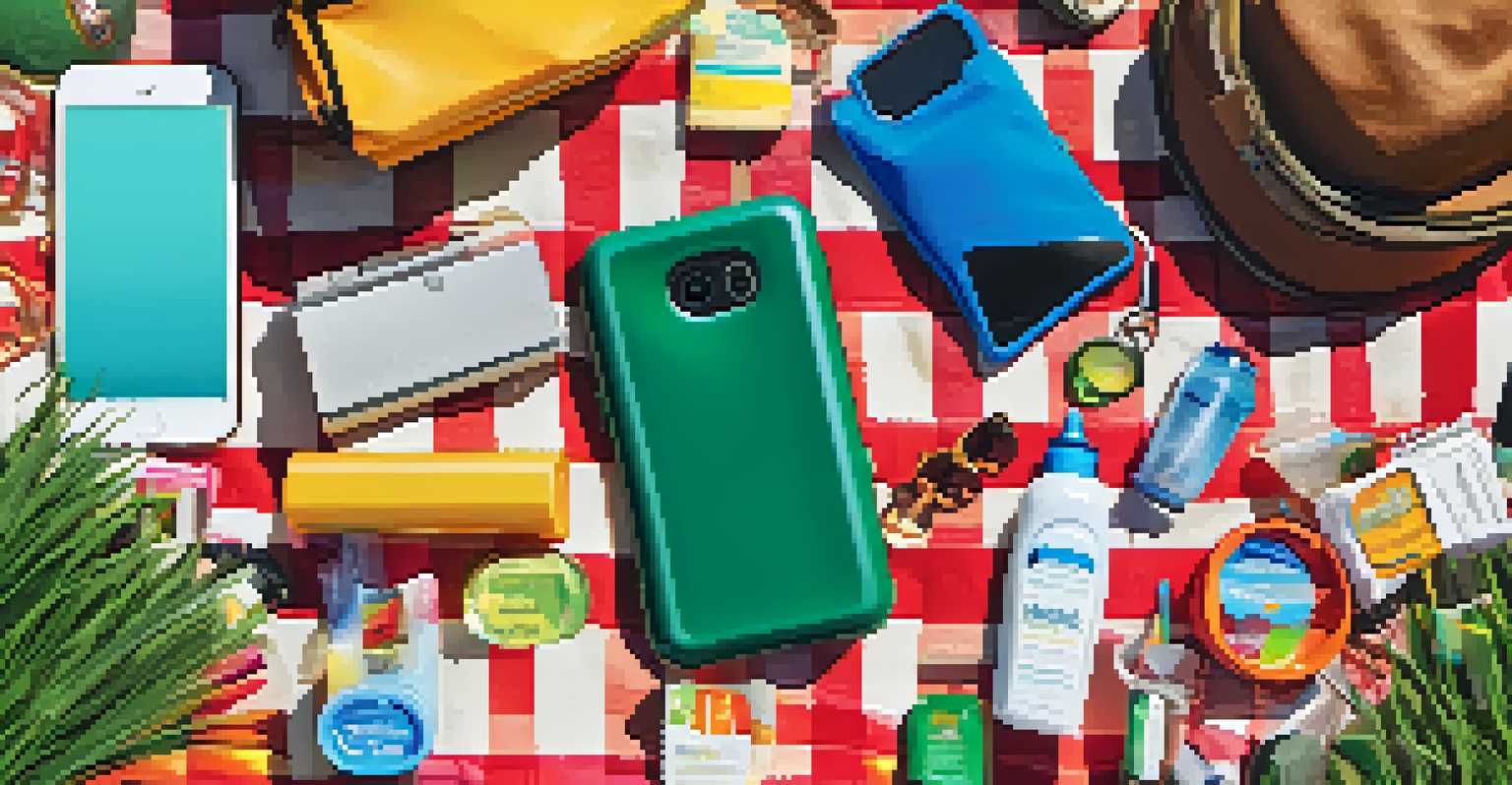 Festival essentials displayed on a picnic blanket, showcasing hydration packs, snacks, and other necessities for a festival.