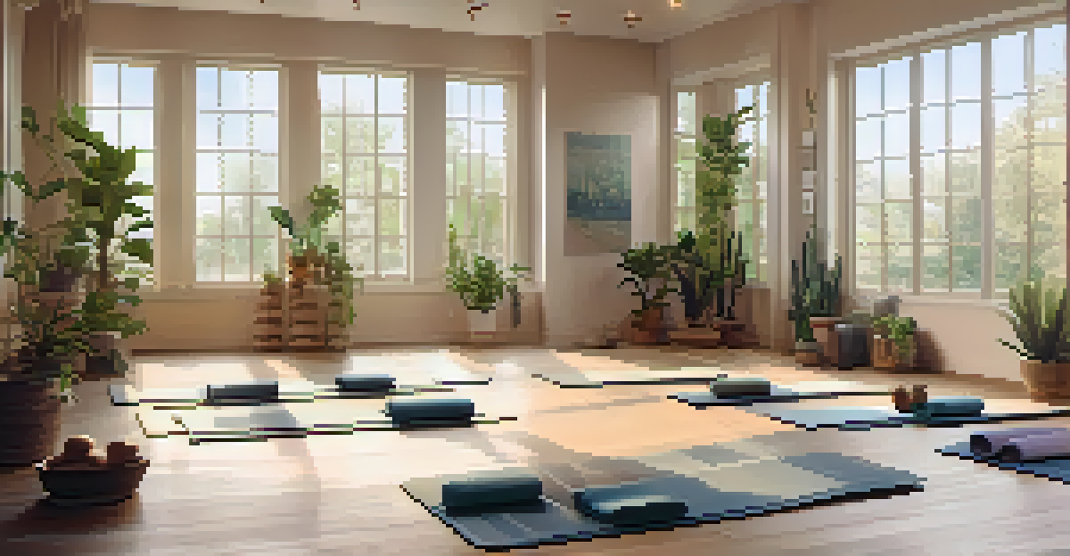 A warm indoor yoga studio filled with natural light, featuring a diverse group of people practicing yoga with plants around.