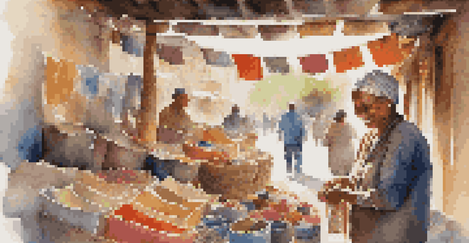 A smiling artisan in a colorful market filled with handmade crafts.