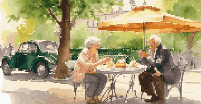 A senior couple enjoying pastries at an outdoor café in Paris, with the Eiffel Tower in the background and warm sunlight illuminating the scene.