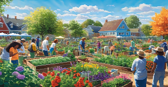 A diverse group of volunteers working together in a colorful community garden filled with flowers and vegetables under a blue sky.