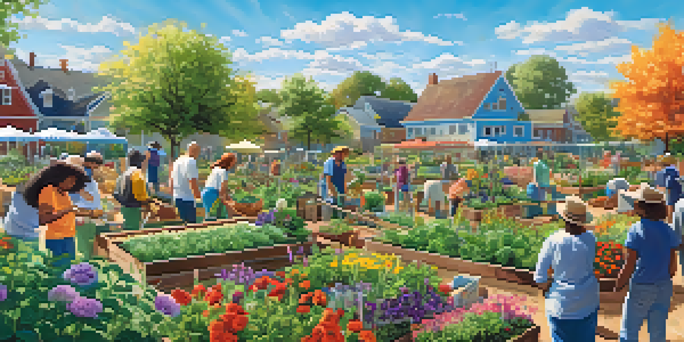 A diverse group of volunteers working together in a colorful community garden filled with flowers and vegetables under a blue sky.