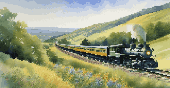 A train traveling through a picturesque green landscape with hills and wildflowers under a clear blue sky.