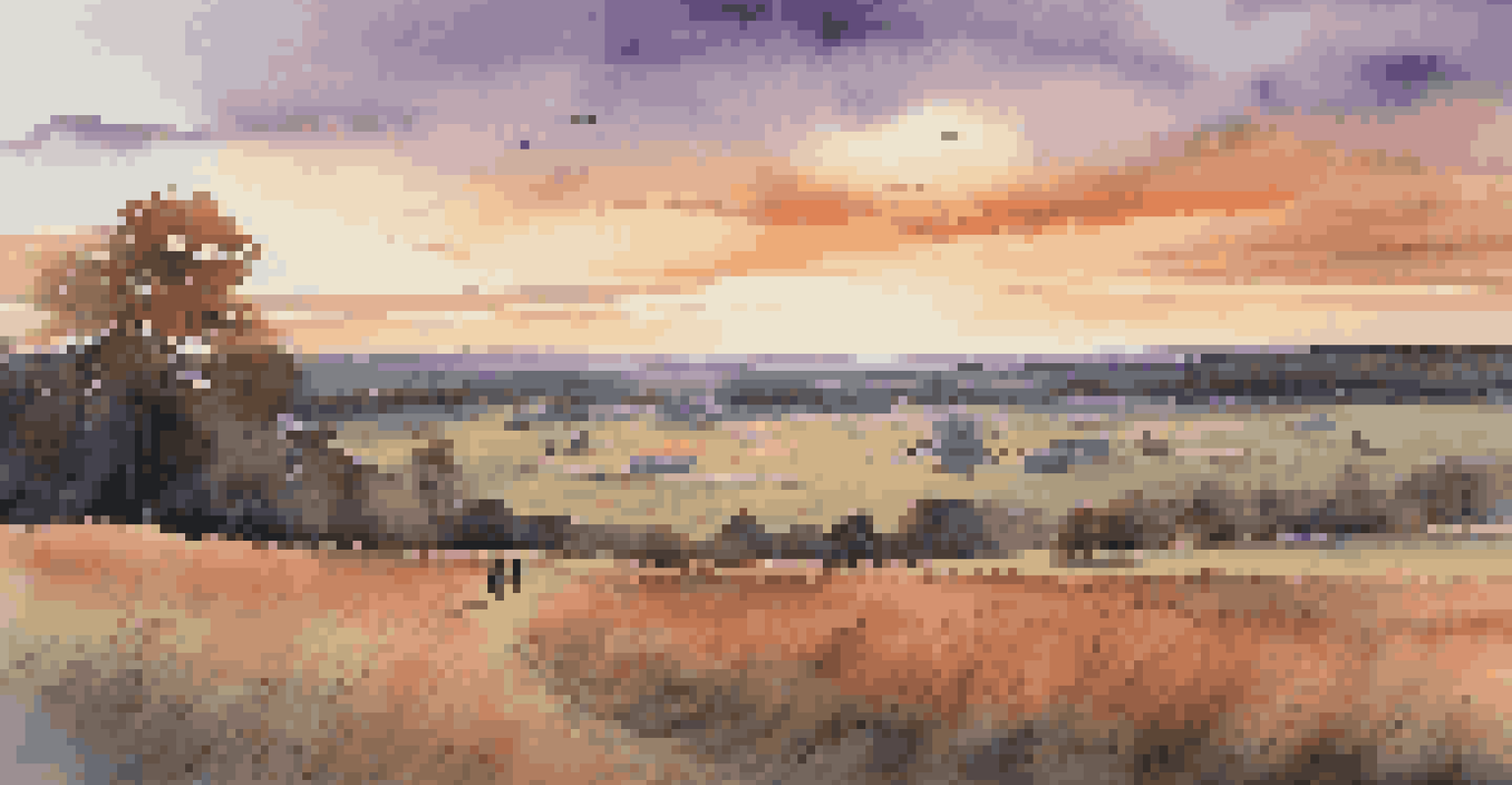 Sunset view of Gettysburg National Military Park with open fields and monuments, creating a serene atmosphere.