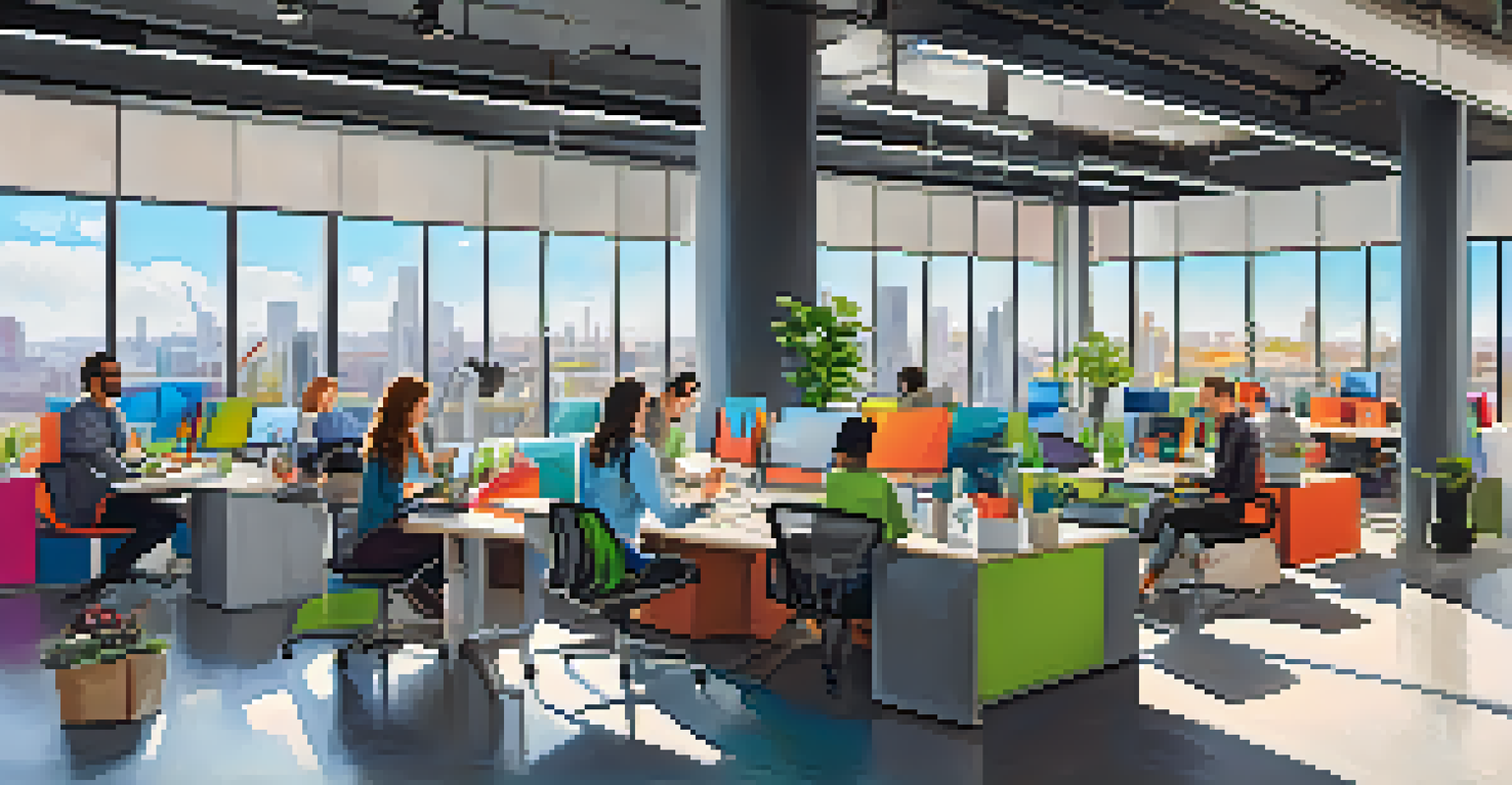 A modern co-working space with travelers working on laptops and collaborating, filled with natural light and vibrant colors.