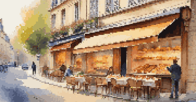 A charming Parisian street with a patisserie, fresh pastries in the window, and a couple enjoying breakfast at a café table.