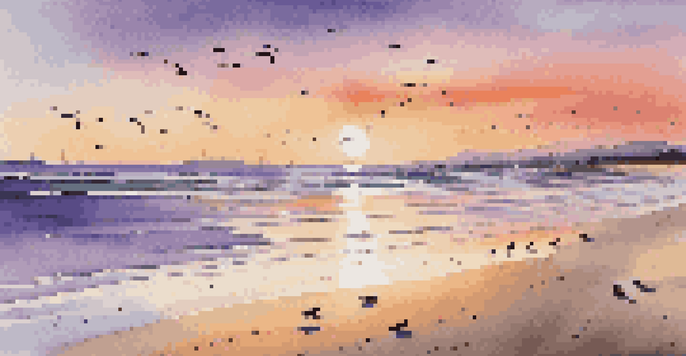 A beach at golden hour with warm sunlight, gentle waves, and a colorful sky filled with orange, pink, and purple hues.