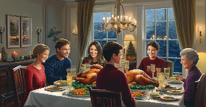 A family enjoying a holiday meal together at a beautifully set table with festive decorations and a warm atmosphere.