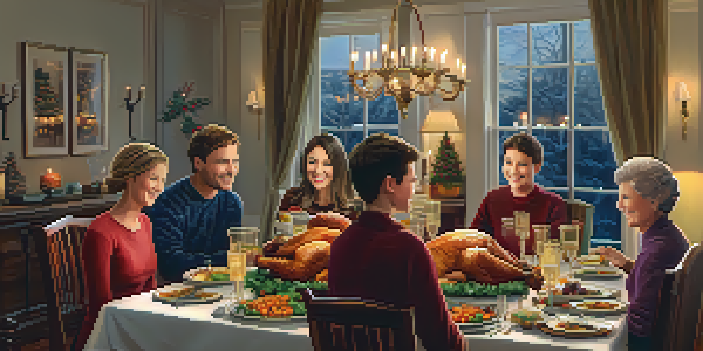 A family enjoying a holiday meal together at a beautifully set table with festive decorations and a warm atmosphere.