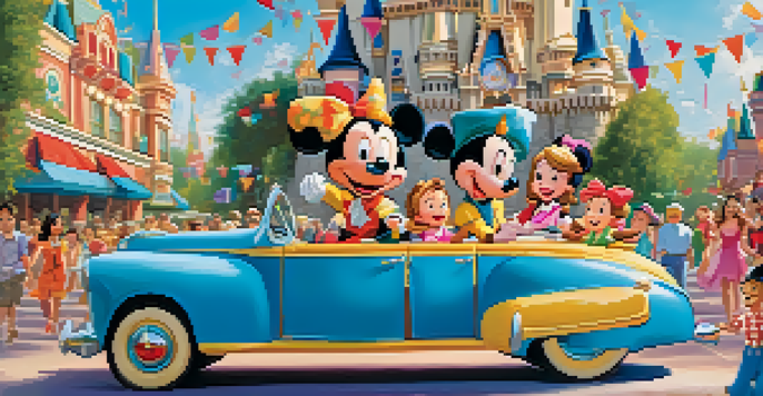 A happy family at Walt Disney World, with children interacting with a character against a colorful backdrop of rides and decorations.