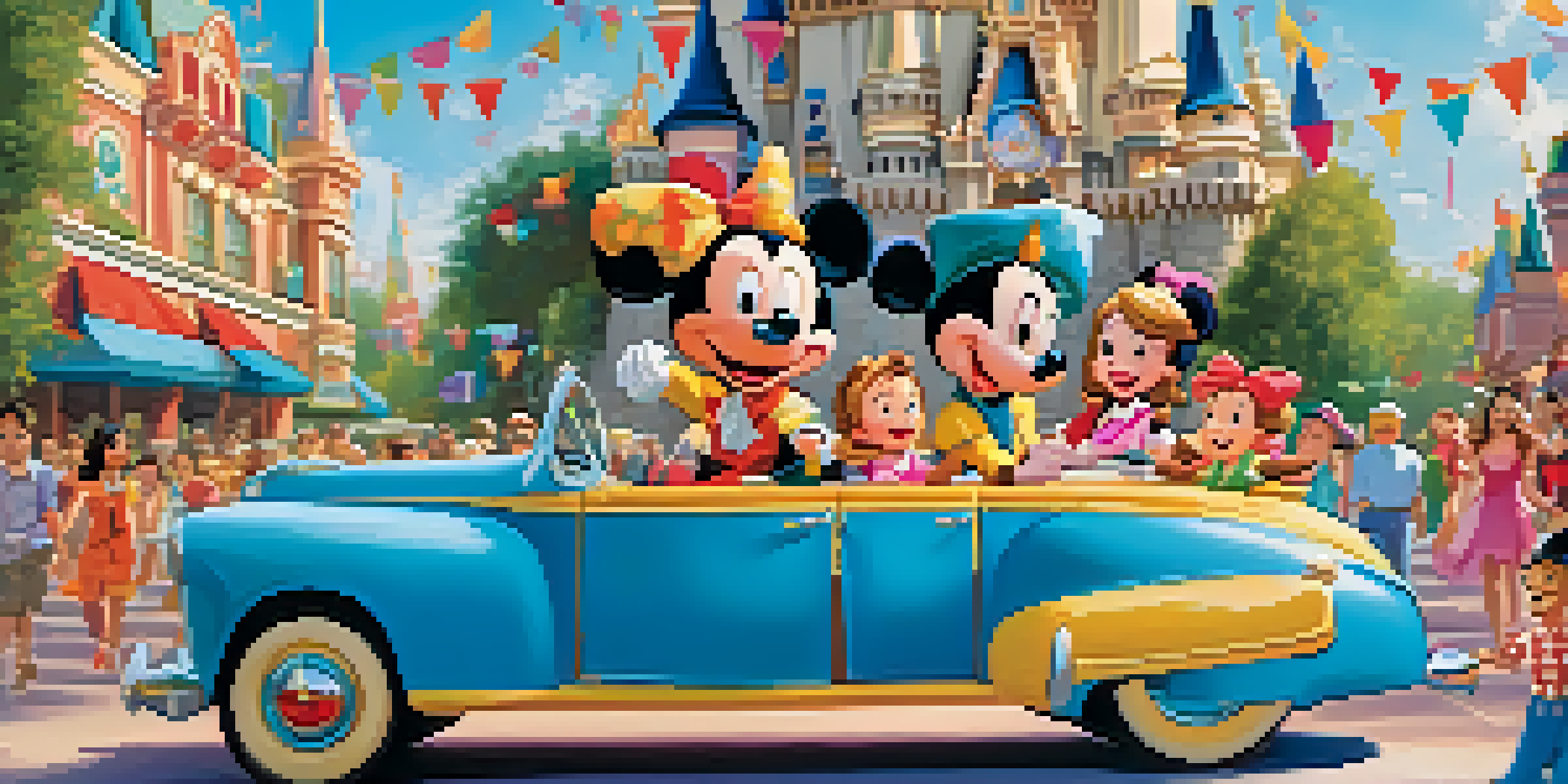 A happy family at Walt Disney World, with children interacting with a character against a colorful backdrop of rides and decorations.