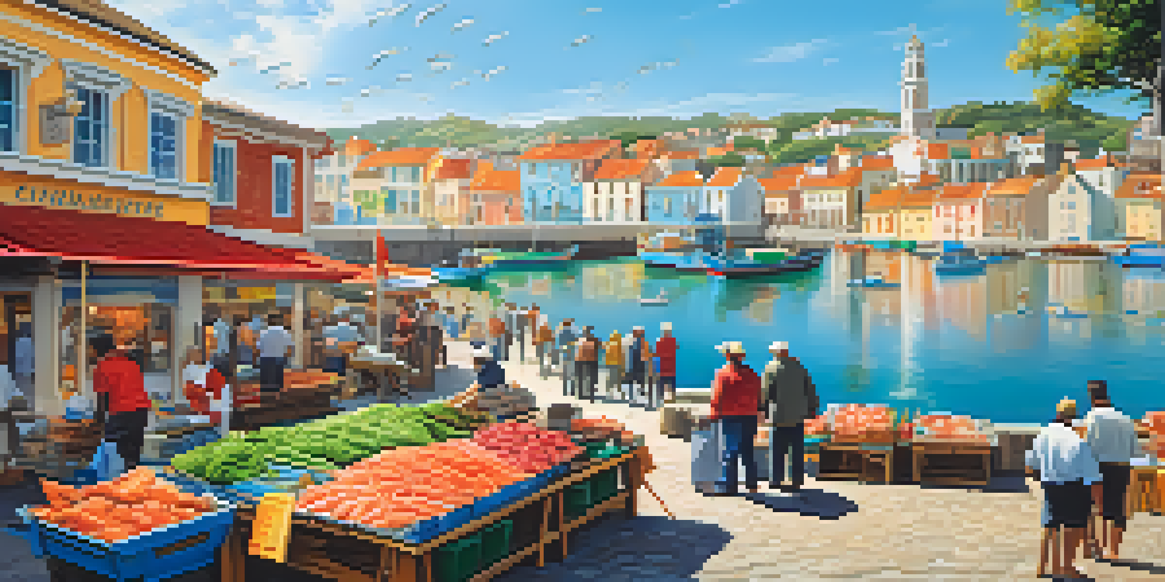 A vibrant seafood market in a coastal town with local fishermen and colorful stalls filled with fresh seafood under the sunlight.