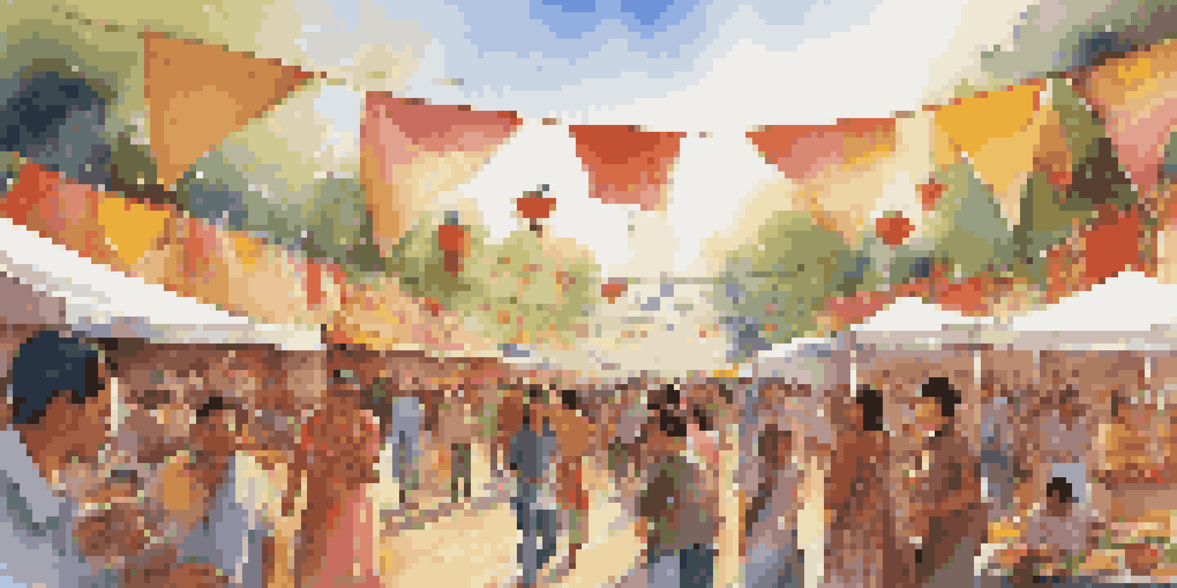 A lively outdoor festival filled with diverse people enjoying music and food under a bright sun.