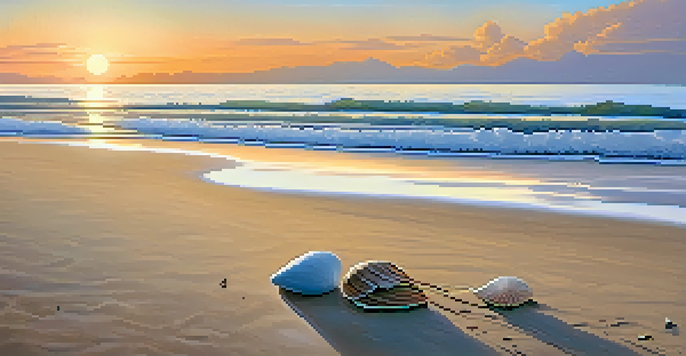 A peaceful beach with a lone backpack on the sand at sunrise, showcasing a minimalist travel aesthetic.