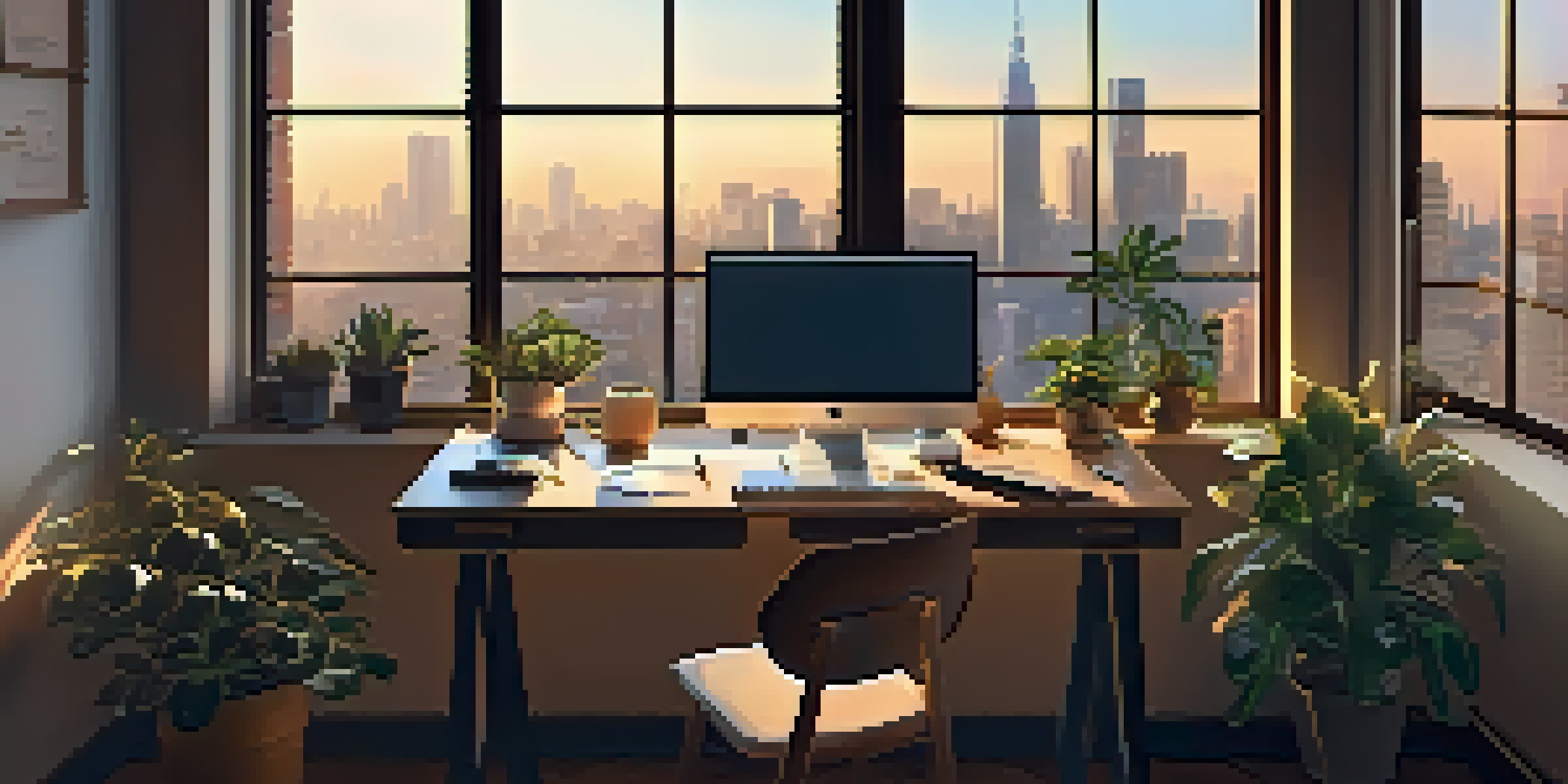 A peaceful workspace with a laptop and coffee by a window overlooking a city skyline at sunset, with warm light and shadows of plants.