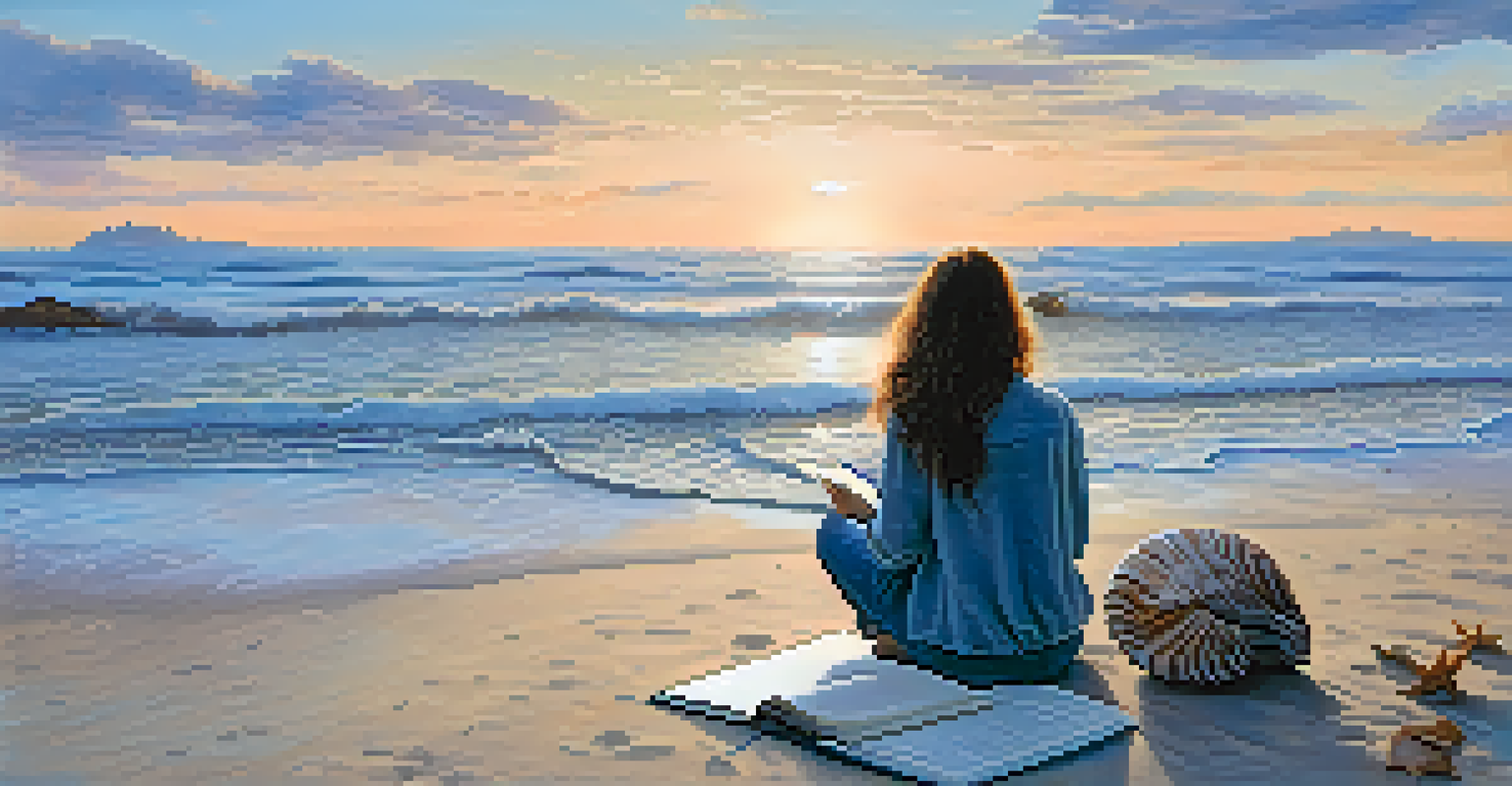 A young woman journaling on a beach at dawn, with waves in the background and a colorful sky, surrounded by seashells.