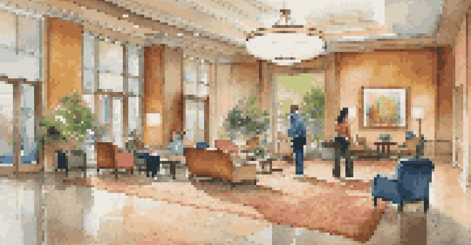 An accessible hotel lobby with wide doorways, comfortable seating, and a staff member assisting a guest in a wheelchair at the reception desk.