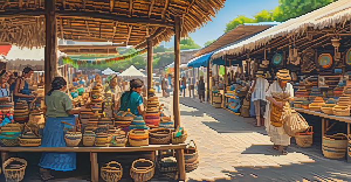 A colorful local artisan market featuring handcrafted souvenirs made from eco-friendly materials, with artisans engaging with customers.