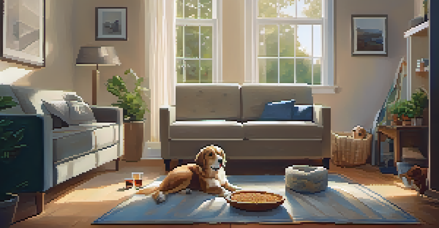 A pet owner giving love to a relaxed dog on a blanket in a cozy living room after travel.