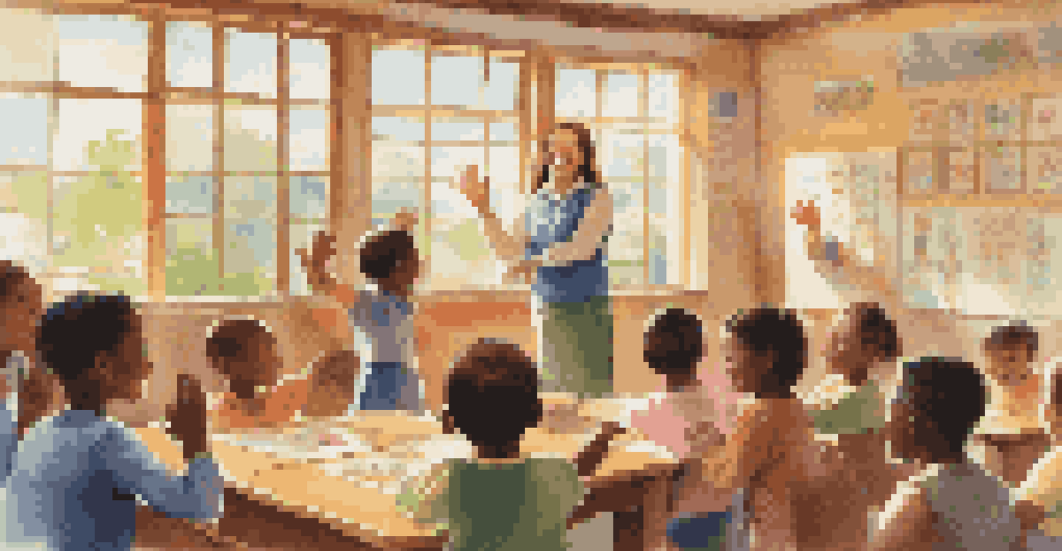 A volunteer teaching English to smiling children in a colorful classroom filled with educational posters.