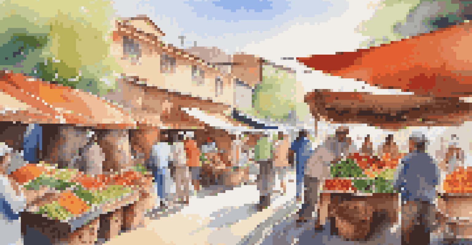 A community market with colorful stalls selling handmade goods and fresh produce, with people engaging with vendors.