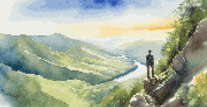 A hiker on a mountain peak with a stunning view of a green valley and a river under a blue sky.