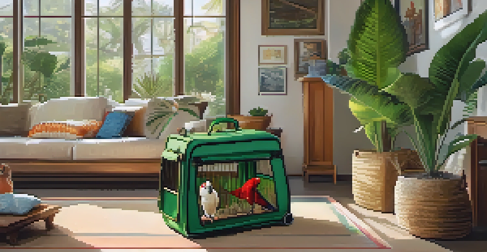 A cozy living room with an exotic pet carrier and a colorful parrot inside, illuminated by sunlight.