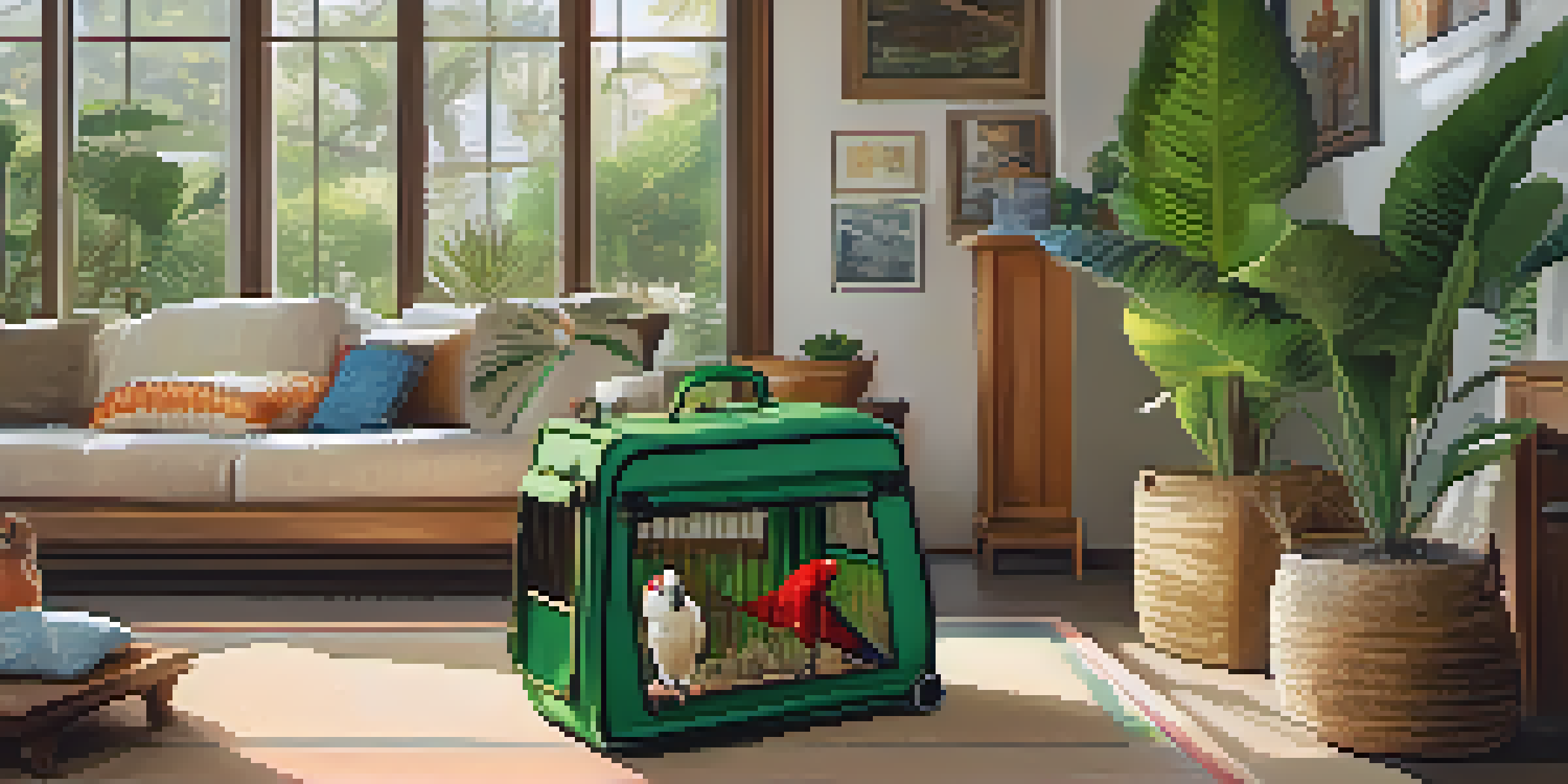 A cozy living room with an exotic pet carrier and a colorful parrot inside, illuminated by sunlight.