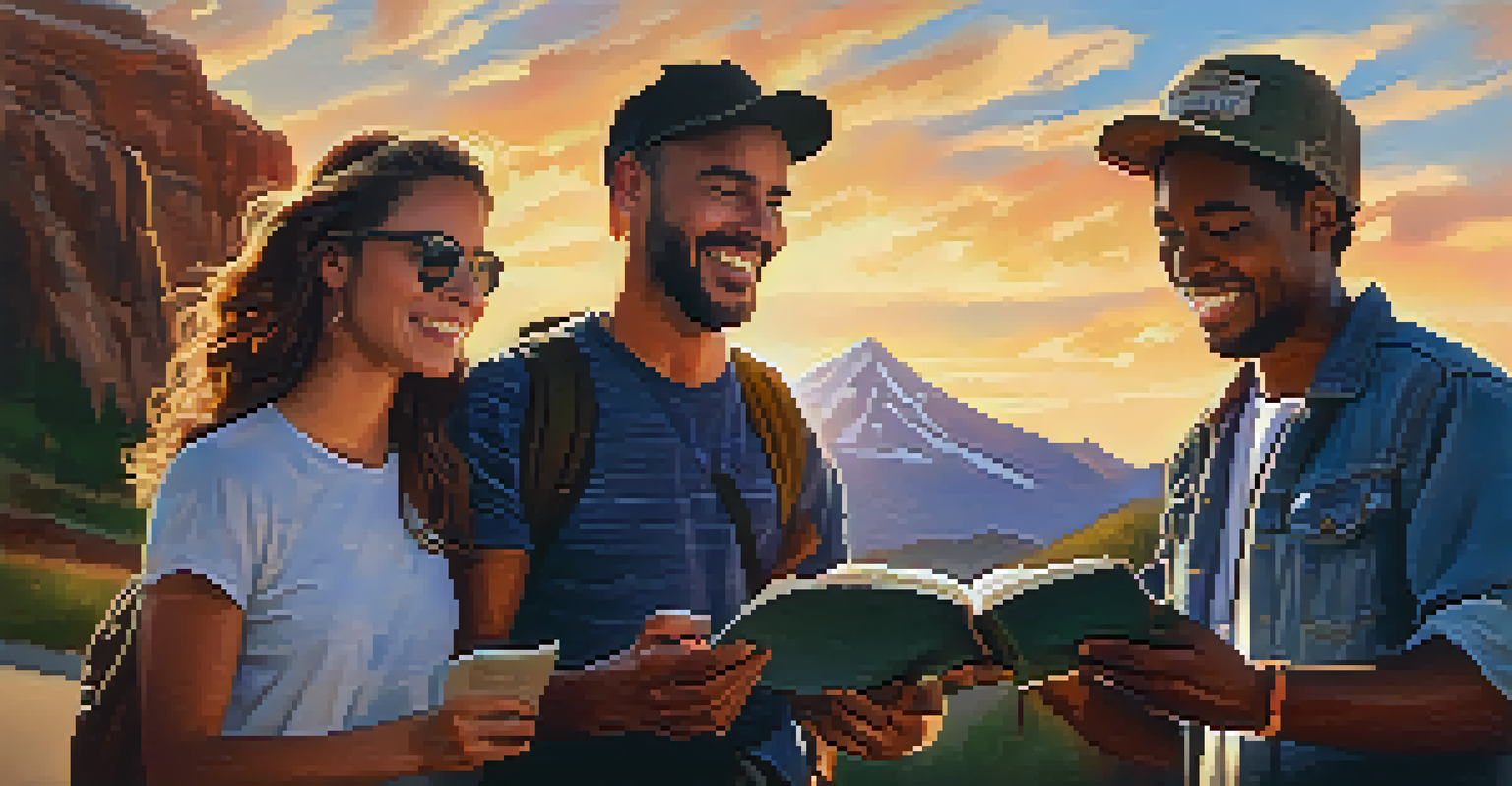 A group of friends smiling next to a parked car with mountains in the background during sunset.