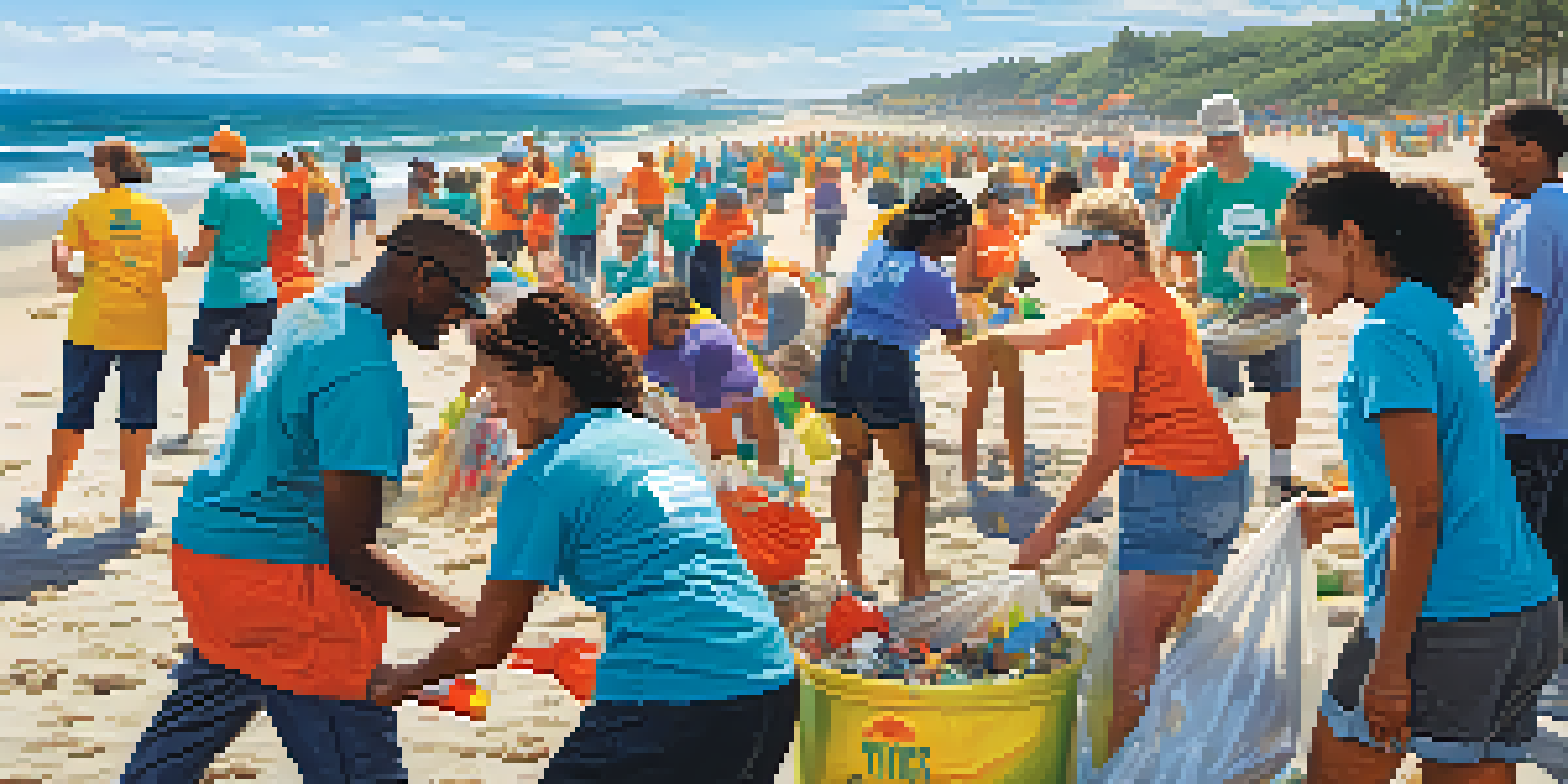 A group of diverse volunteers cleaning a beach under a bright sun, with colorful t-shirts and ocean waves in the background.