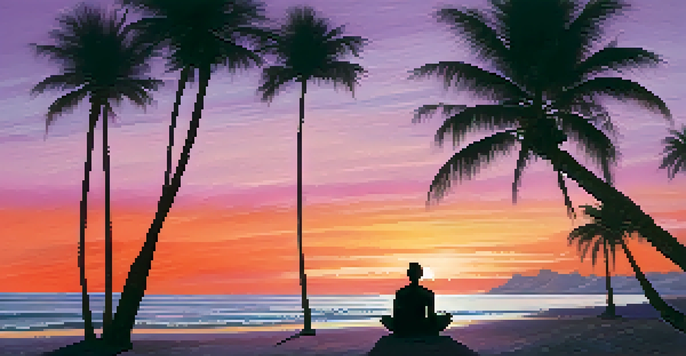 A peaceful beach at sunset with a person meditating on the sand, surrounded by palm trees and a colorful sky.