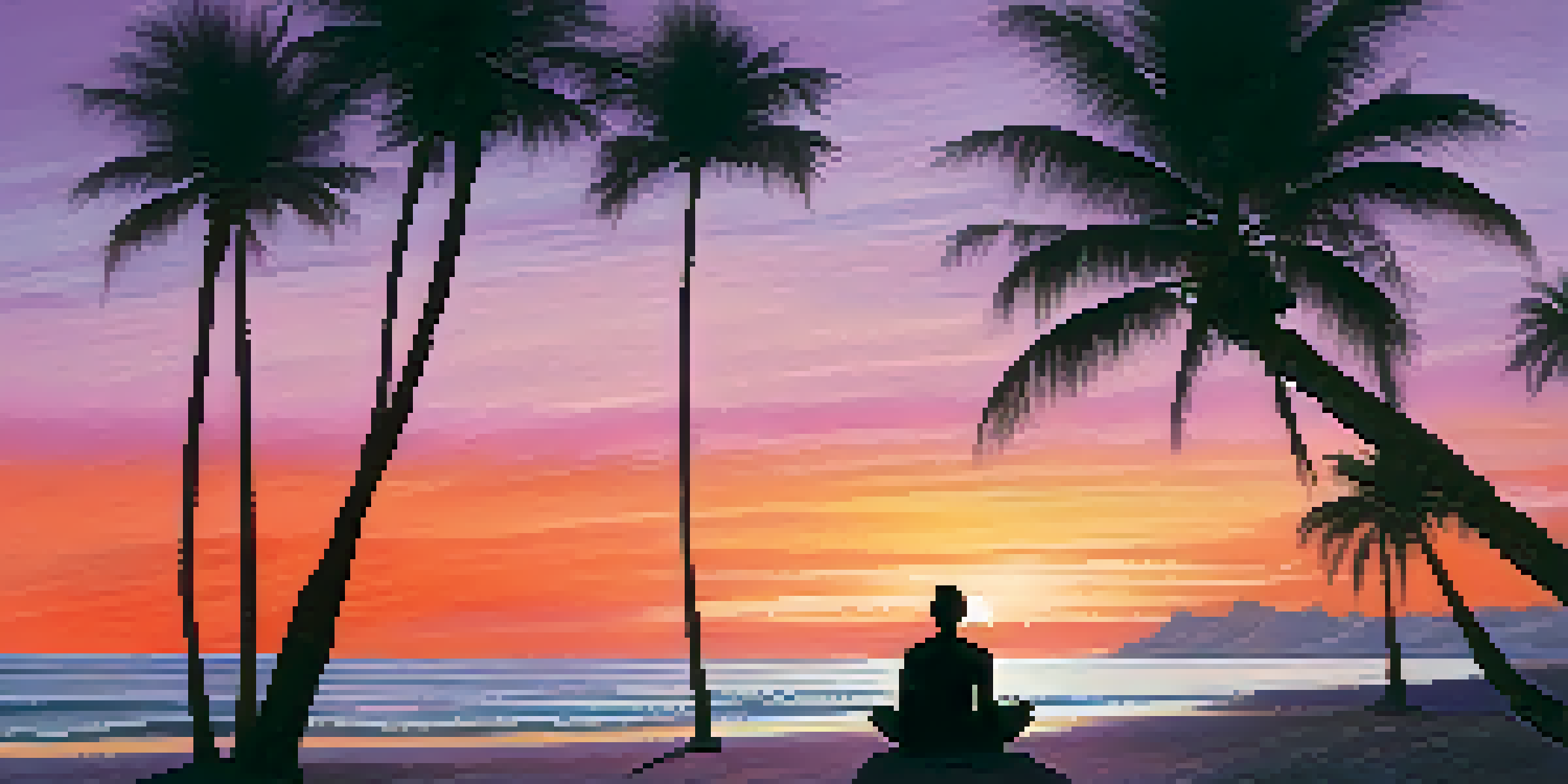 A peaceful beach at sunset with a person meditating on the sand, surrounded by palm trees and a colorful sky.