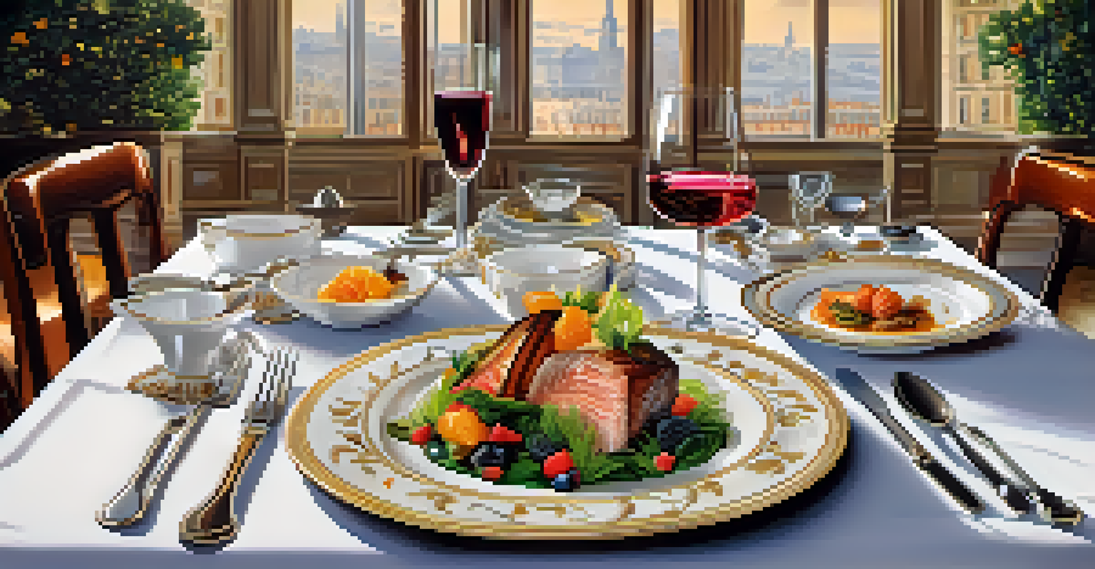 An elegant dining table at a Michelin-starred restaurant featuring a multi-course meal with artistic plating and fine dining setup.