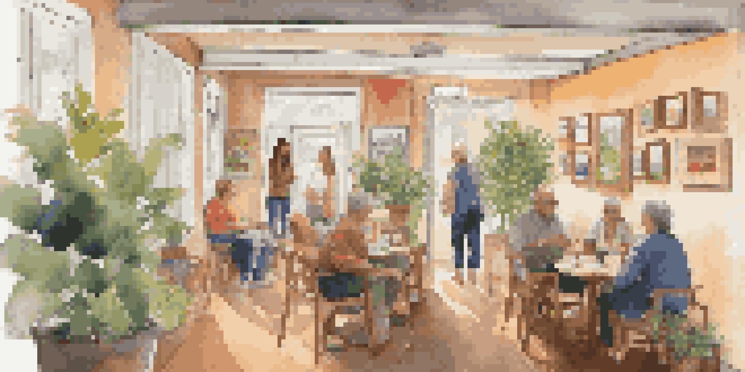 A warm and inviting community art gallery with local paintings on the walls and visitors chatting.