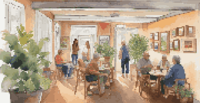A warm and inviting community art gallery with local paintings on the walls and visitors chatting.