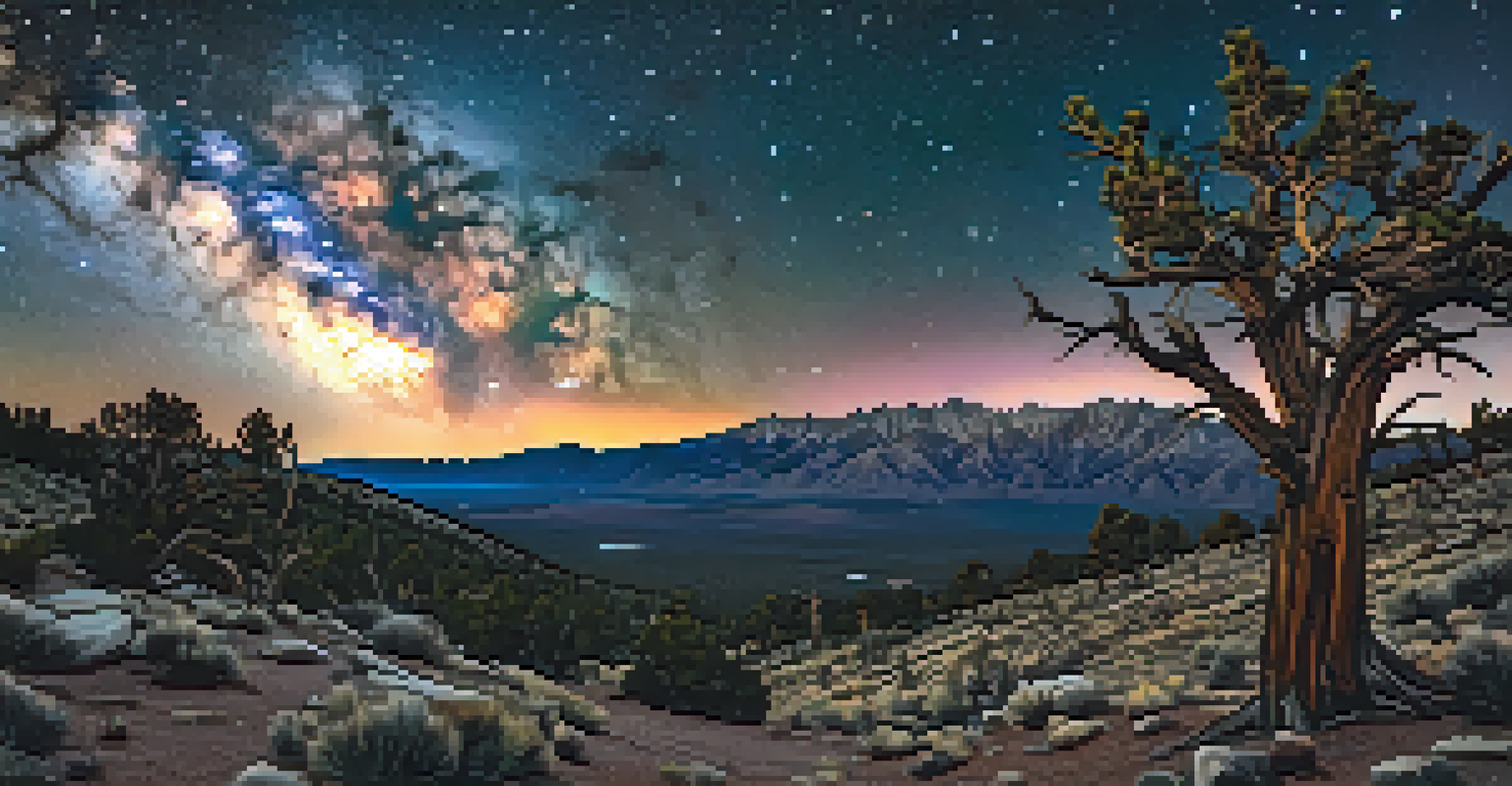 A starry night sky over Great Basin National Park showcasing the Milky Way and silhouette of pine trees.