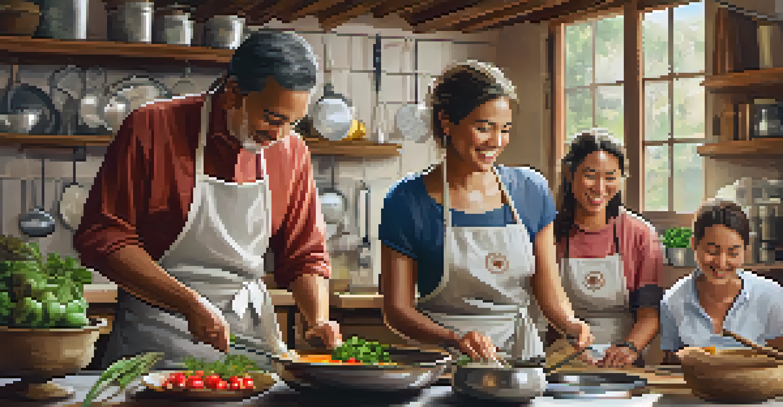 A cooking class with travelers learning to make a traditional dish in a cozy kitchen.