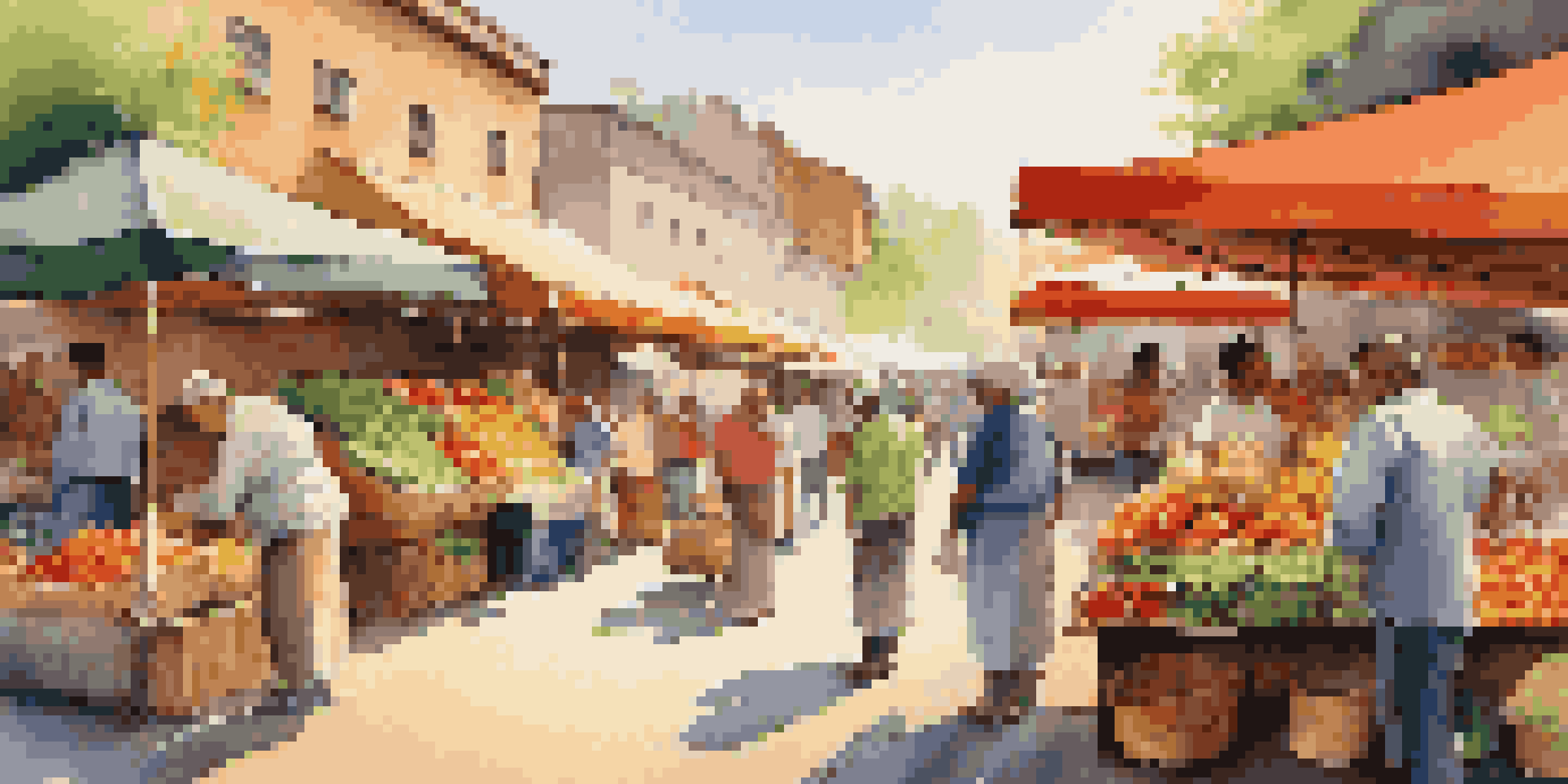 A lively outdoor market filled with colorful fruits and vegetables, with vendors and customers engaging under warm sunlight.