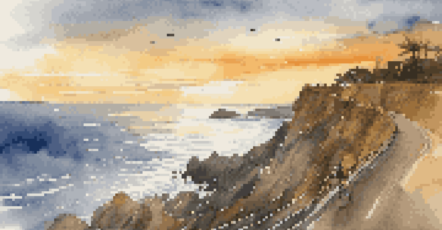 A cyclist riding along a coastal route at sunset, with ocean waves and cliffs creating a stunning backdrop.