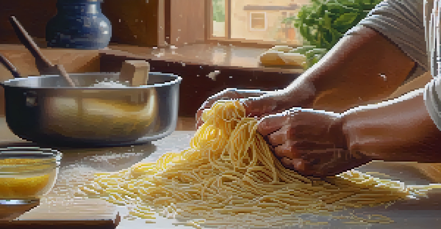 A close-up of hands preparing traditional pasta, with flour and fresh ingredients on the countertop, illuminated by sunlight, showcasing the art of cooking together.